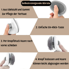 Lade das Bild in den Galerie-Viewer, Schritt-fuer-Schritt-Anleitung zur Bedienung der selbstreinigenden Hundebuerste mit Knopfdruck und einfacher Reinigung