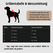 Lade das Bild in den Galerie-Viewer, Größentabelle für Hundegeschirr mit Messanleitung für Brustumfang, Größen S bis XL