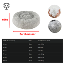 Lade das Bild in den Galerie-Viewer, Groessentabelle fuer Hundebett mit Durchmesser, Hoehe und Gewichtsklasse, Tabelle in Grau, Anleitung fuer die richtige Bettgroesse
