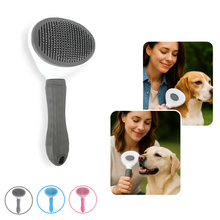 Lade das Bild in den Galerie-Viewer, Selbstreinigende Hundebuerste in Grau als Freisteller, Anwendung am Hund und verschiedene Farben abgebildet
